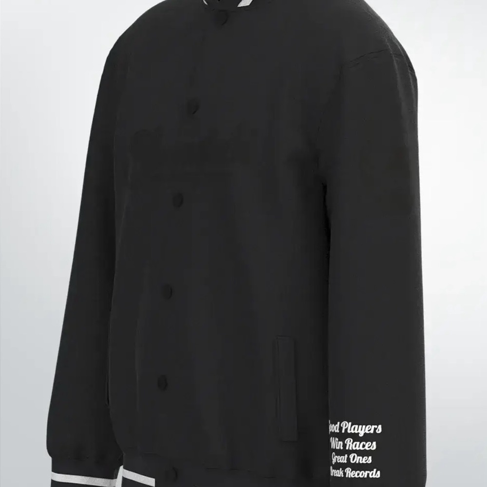 Black/ White Varsity Jacket with Graphic Sleeves with embroidered logo.